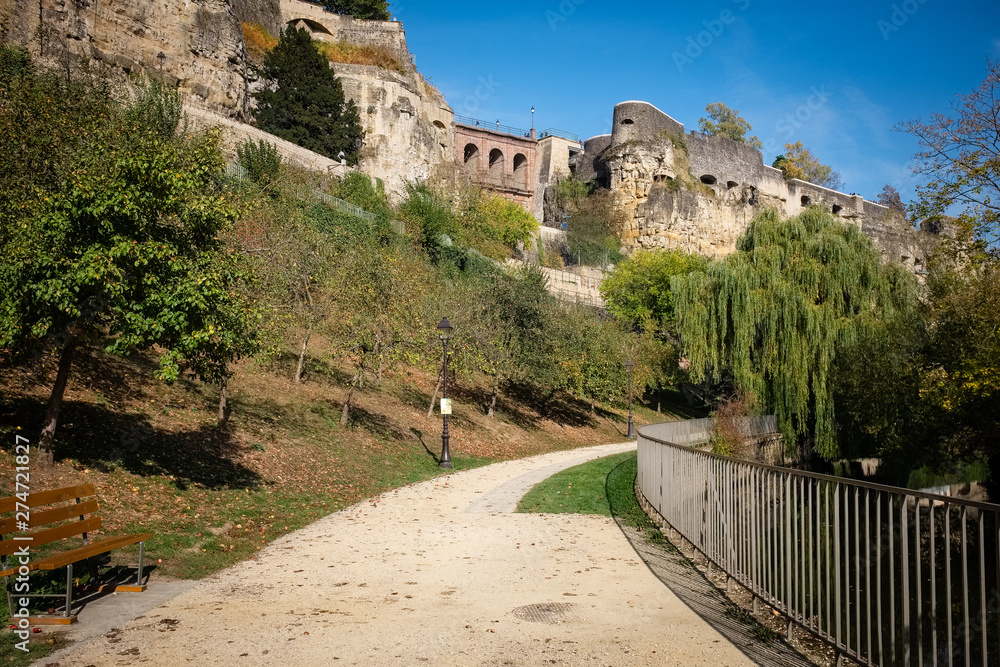 Fototapeta premium Wonderful view of Bock Promontory in Grund district. Luxembourg City