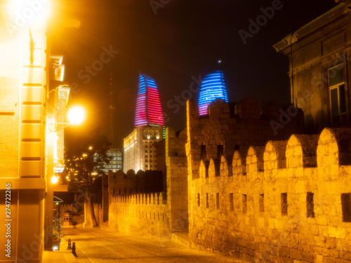 Fotografie Old City, Baku, , Azerbaijan / may, 07, 2019 : View of Old City with the Flame T