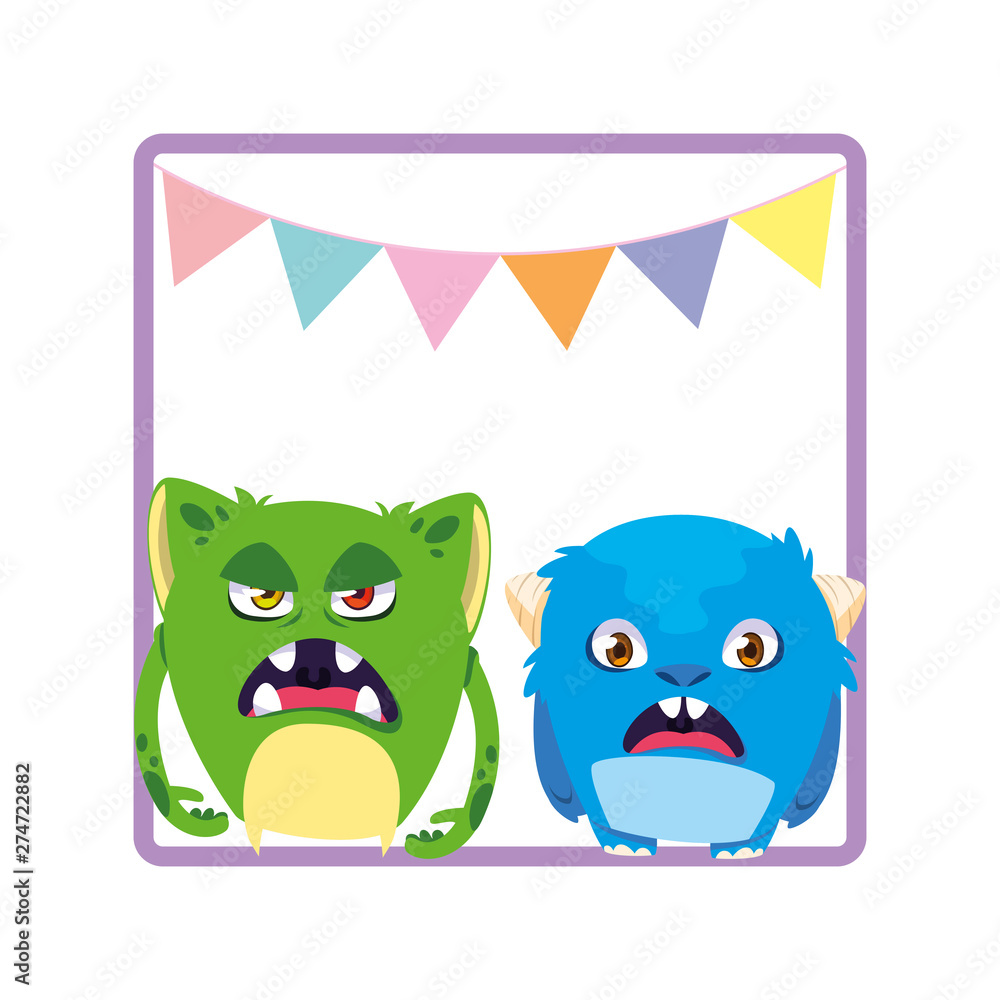 square frame with funny monsters and garlands hanging square frame with funny monsters and garlands hanging