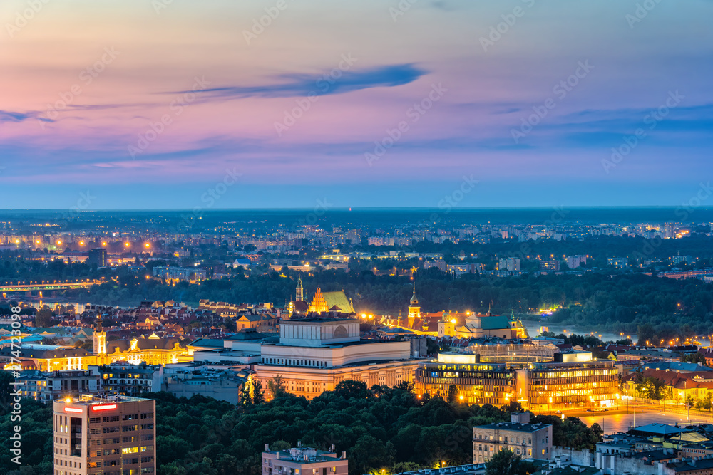 Evening Aerial View Of Warsaw City In Poland