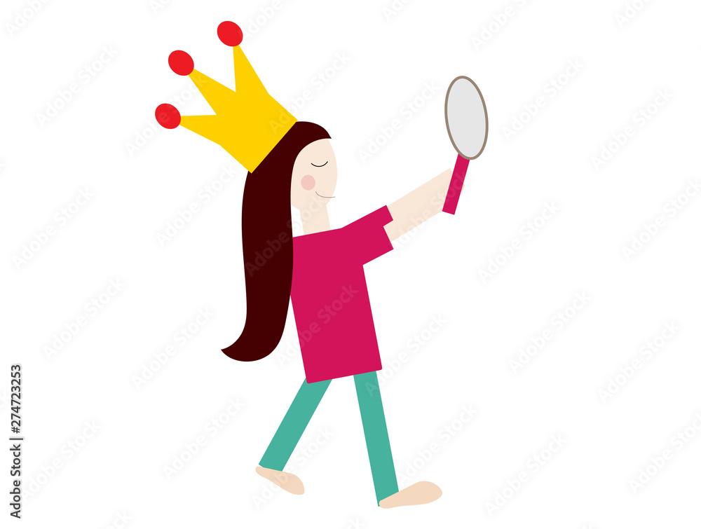  Woman or young girl  watching a mirror and admires herself. Concepts of ego, self-confidence and narcissism.