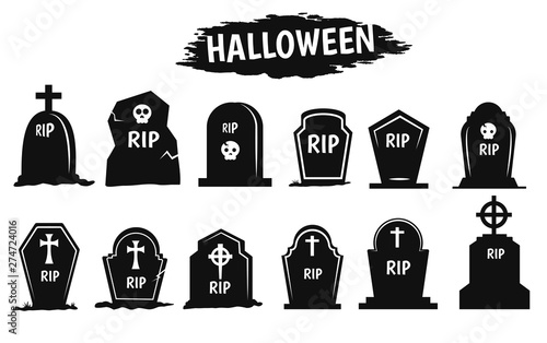 Black shadow grave icon set during the Halloween season.