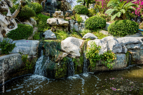 Luxury landscape design of the tropical garden. Beautiful view of tropical landscape