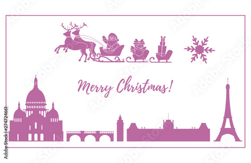 Santa Claus in sleigh with deers flying over Paris