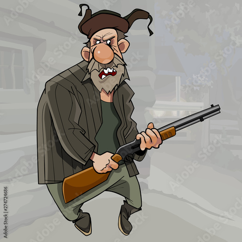 cartoon angry bearded grandfather standing with a gun
