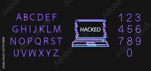Vector Neon Font and Hacked Glith Effect Laptop Icon Isolated, Glowing Illustration Template, Design Elements Set.