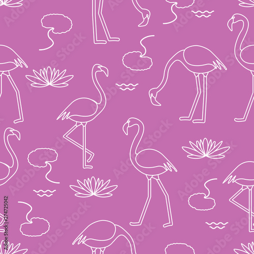 Seamless pattern with flamingo and water lily.