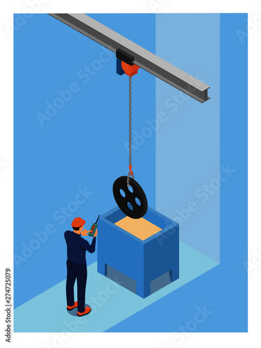 Industrial production on electroplating. Worker uses equipment for chemical processing of metal. 
