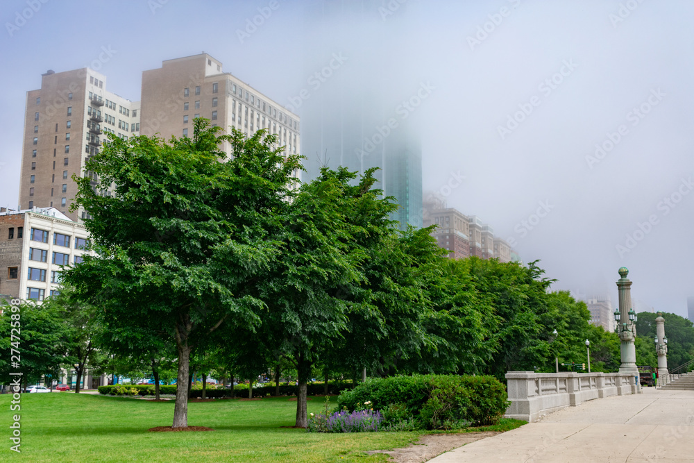 Green Trees next to a Path in Grant Park in Chicago with a view of Buildings on Michigan Avenue on a Foggy Day Green Trees next to a Path in Grant Park in Chicago with a view of Buildings on Michigan Avenue on a Foggy Day