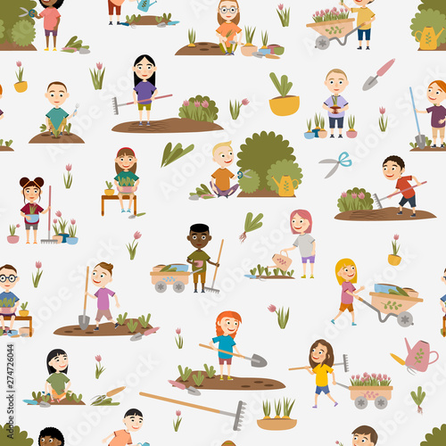 Seamless pattern. Cute girls and boys in various poses gardening plants, weed beds, watering seedlings, pruning bushes and trees, working in the garden. People and garden tools. Vector illustration