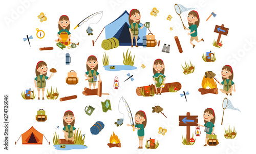 Set girl with fashionable hair decoration in tourist on nature. Camping. Fishing, overnight, picking mushrooms, fun and relaxation. Children's camp. Scouts. Cute Vector Illustration