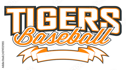 Tigers Baseball Design With Banner is a team design template that includes a tigers baseball text and a blank banner with space for your own information. Great for advertising and promotion for teams 