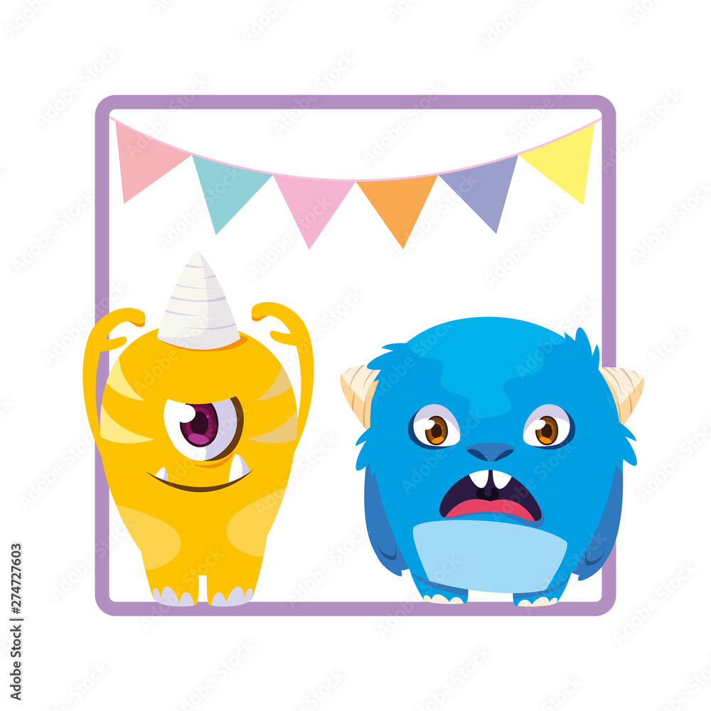 square frame with funny monsters and garlands hanging square frame with funny monsters and garlands hanging
