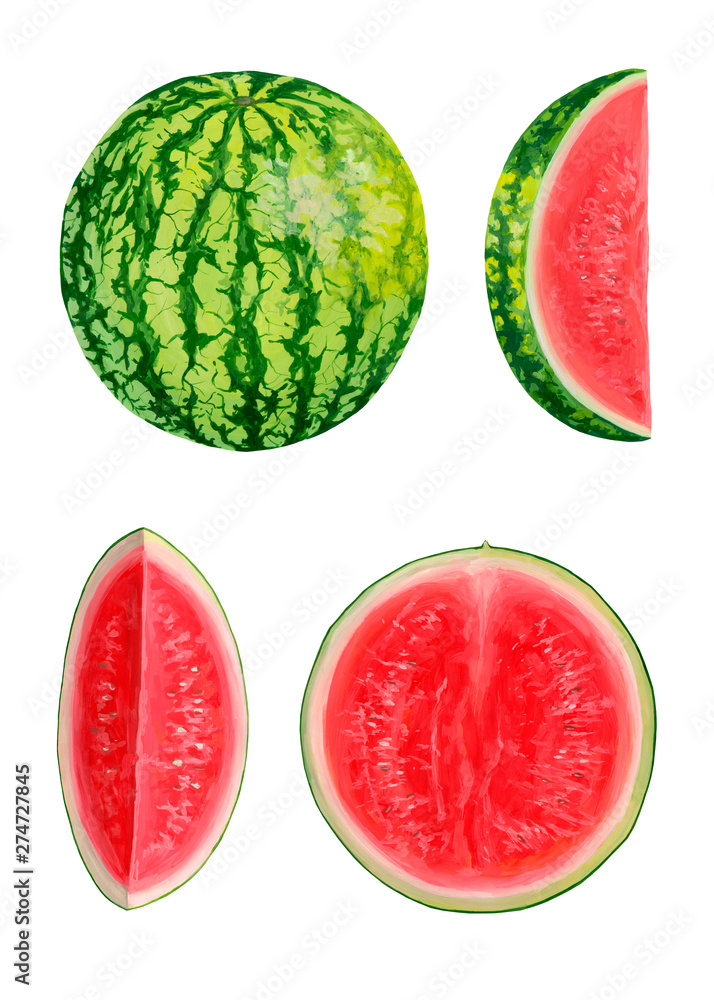 Collection with bright and fresh fruits. Drawing of acrylic paints whole and sliced watermelons isolated on a white background. Beautiful hand-drawn design elements. Organic food. Realistic drawings. Collection with bright and fresh fruits. Drawing of acrylic paints whole and sliced watermelons isolated on a white background. Beautiful hand-drawn design elements. Organic food. Realistic drawings.