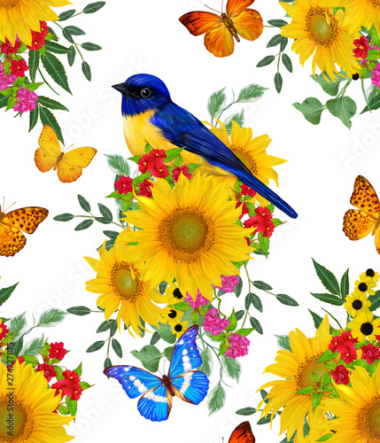 Seamless floral pattern. blue bird sits on a branch of bright red flowers  yellow sunflowers  green leaves  beautiful butterflies.