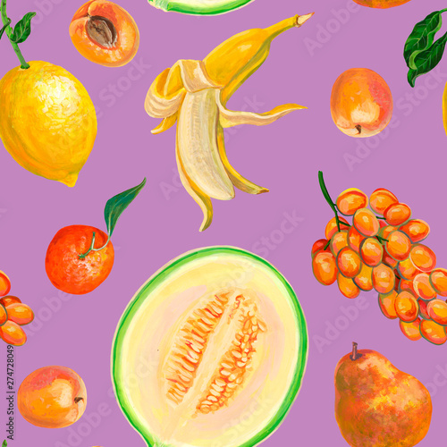 Fototapeta Naklejka Na Ścianę i Meble -  Seamless pattern with bright and fresh fruits. Melon, grape, banana, apricot, lemon, mandarin, pear on a lilac background. Beautiful hand-drawn wallpaper. Organic food. Realistic acrylic drawings.