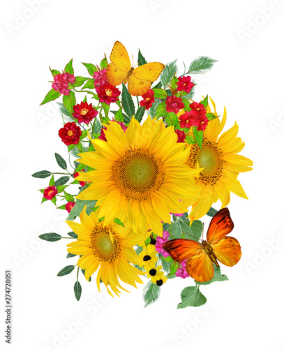 Flower composition. A bouquet of yellow sunflowers  bright crimson flowers  green leaves  beautiful butterflies. Isolated on white background.