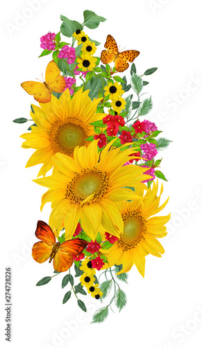 Flower composition. A bouquet of yellow sunflowers  bright crimson flowers  green leaves. Isolated on white background.