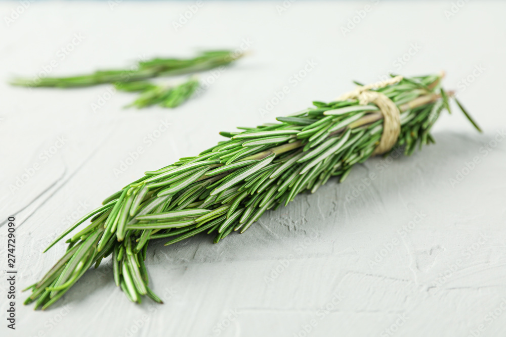Green rosemary on grey background, closeup Green rosemary on grey background, closeup