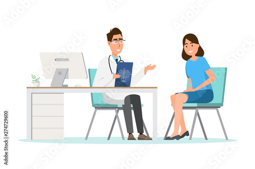 Medical concept. doctor with woman patient in flat cartoon on hospital hall