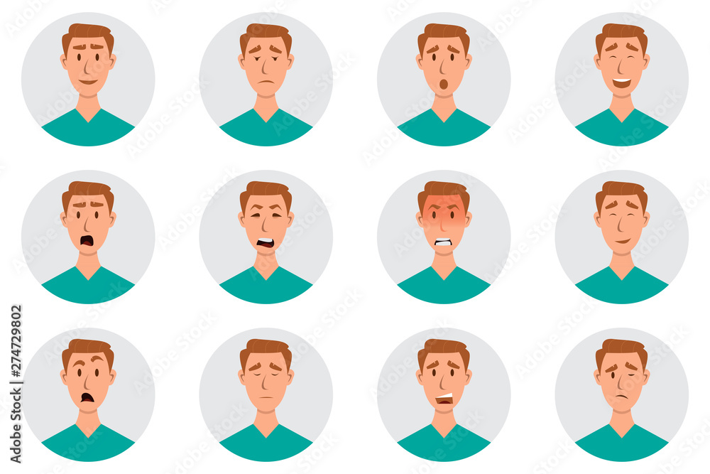 Set of male facial emotions. man emoji character with different expressions Set of male facial emotions. man emoji character with different expressions