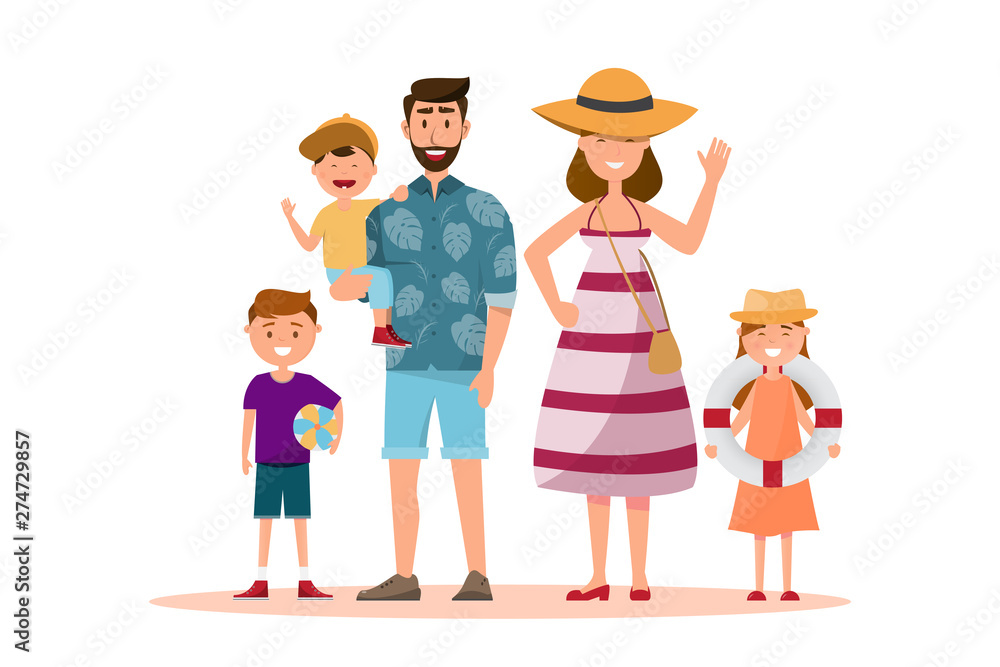 Happy family. Father, mother, son and daughter together with summer trip Happy family. Father, mother, son and daughter together with summer trip