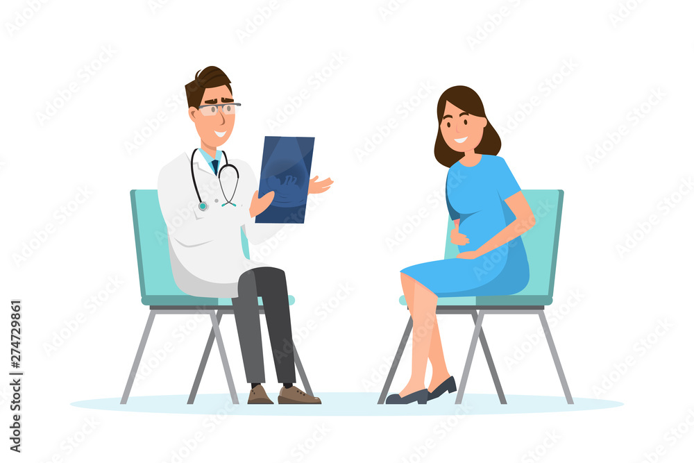 Doctor showing ultrasound sheet to pregnant woman at the hospital Doctor showing ultrasound sheet to pregnant woman at the hospital