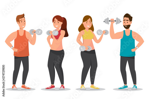 Happy man and woman dressed a sportswear and  doing exercises with dumbbells