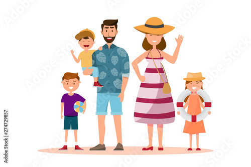 Happy family. Father, mother, son and daughter together with summer trip