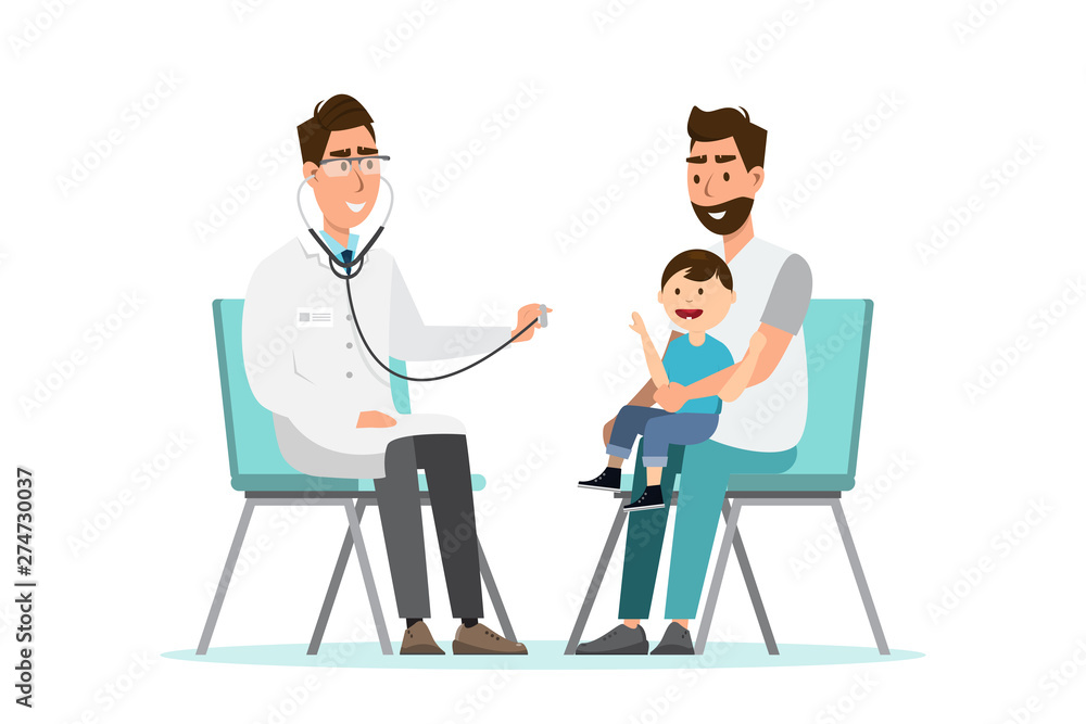 Fototapeta premium doctor listens to breathing statoscope for kid who sit on his father's lap