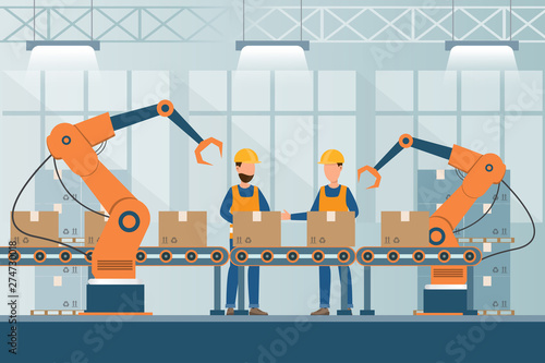 smart industrial factory in a flat style with workers, robots and assembly line packing