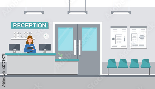 medical staff women in reception hospital on flat style.