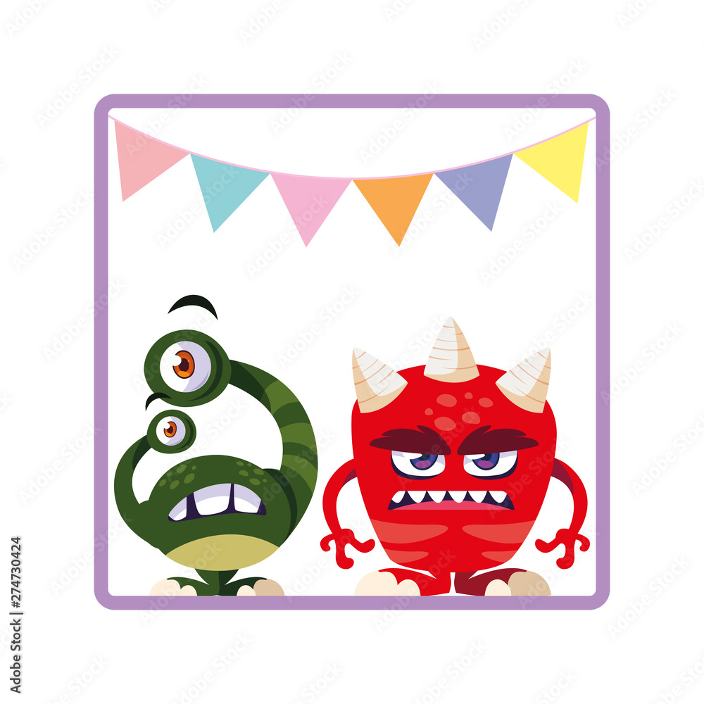 square frame with funny monsters and garlands hanging square frame with funny monsters and garlands hanging