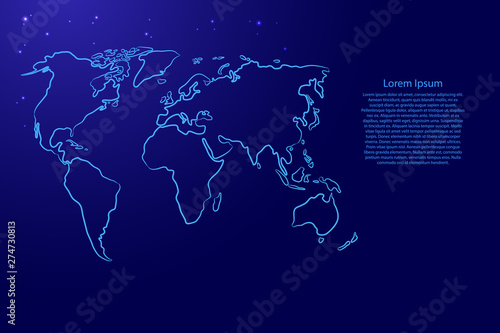 World map from the contour blue brush lines different thickness and glowing stars on dark background. Vector illustration.