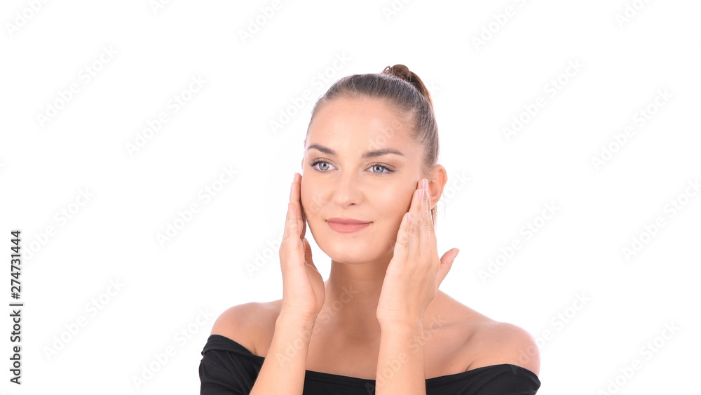 Beauty concept. Women are fondling on her face on a white background. Beauty concept. Women are fondling on her face on a white background.