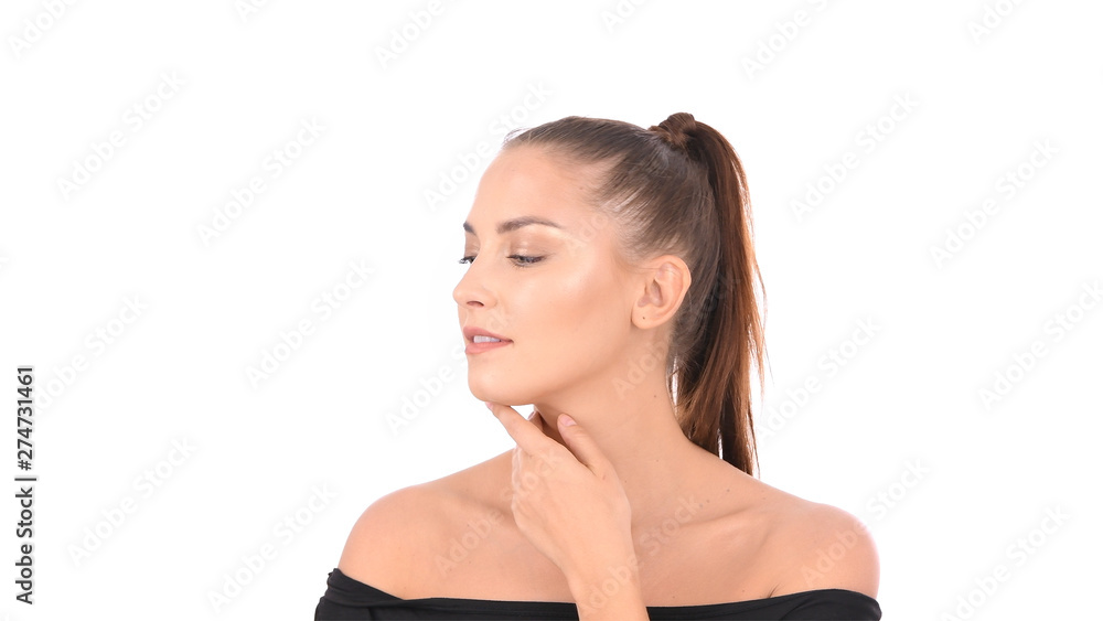 Beauty concept. Women are touching her skin on a white background.