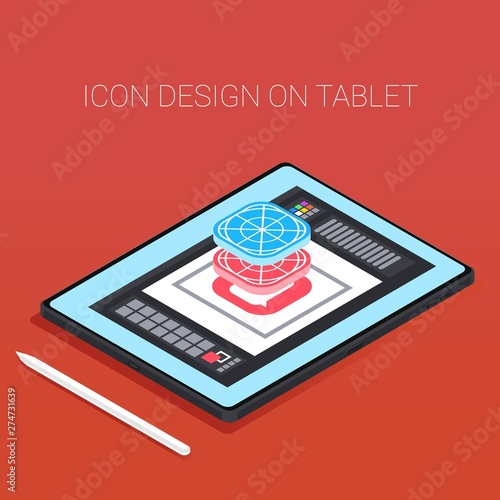 Modern frameless tablet with pen. 3d isometric tablet with design app. Icons design on tablet.