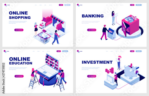 Set of isometric landing page template for Online Shopping, Banking, Education, Investment. Modern vector illustration isometric concepts decorated people character for website development.