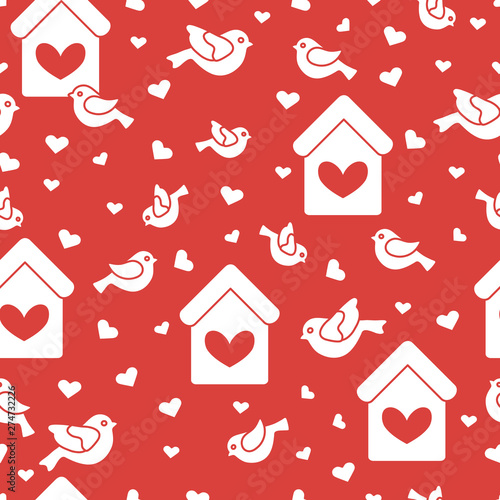 Seamless pattern with birds, birdhouses and hearts