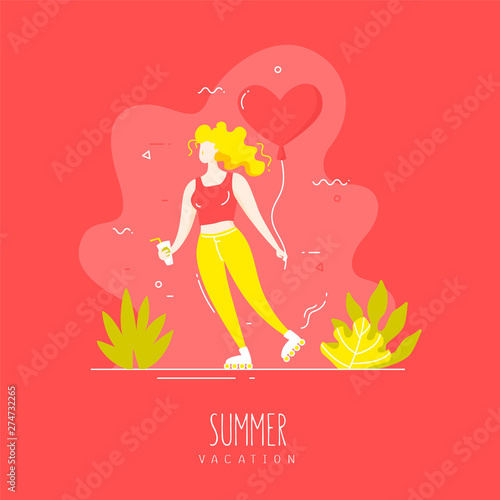 Cute girl with balloon and cocktail rollerblading on the tropical beach. Vector summer card in flat linear style.