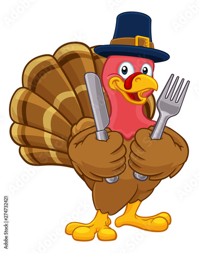 Pilgrim Turkey Thanksgiving bird animal cartoon character. Wearing a Pilgrims hat and holding a knife and fork