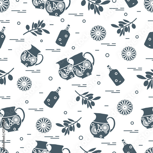 Cute seamless pattern with pitcher of sangria, orange, bottle of olive oil and branch with olives. Travel and leisure.