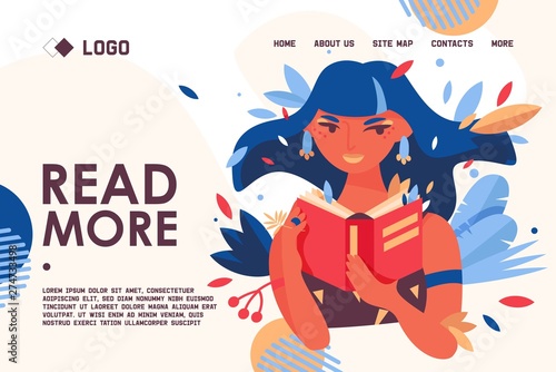Educational banner or landing page concept template about love to reading. Vector lovely woman character portrait, holding paper book in hands