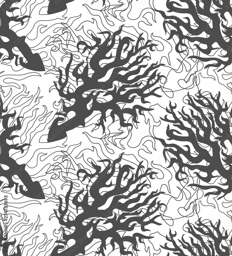 Black and white seamless pattern with rhythmic drawing of sea corals on ...