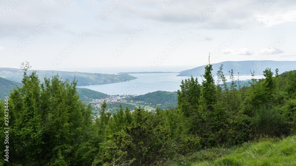 Spectacular view of the Bay of Kotor in Montenegro. View from the top of the mountain. Stunning landscape. Travel to Montenegro. Mountains and bay in Montenegro