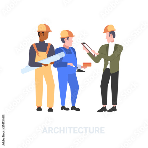 construction workers team discussing new building project during meeting mix race builders in helmet industrial technicians teamwork concept flat full length