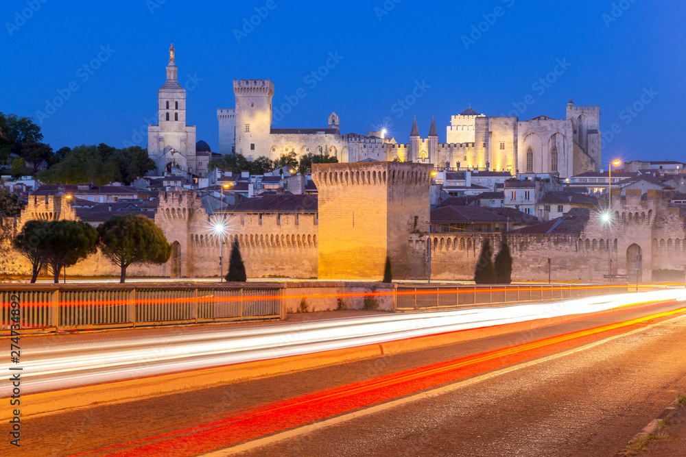 Avignon. Provence. The famous papal palace in the night light.