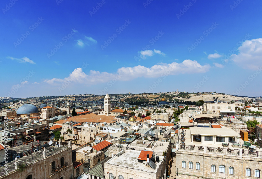 Panoramic view of Jerusalem with Dome of the rock and Temple Mount from Mount of Olives