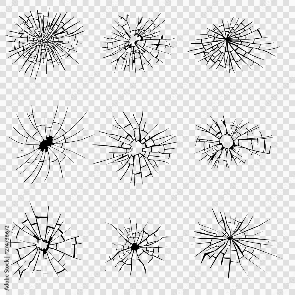 Obraz premium Broken glass, cracks, bullet marks on glass. High resolution. Vector illustration. Texture glass with black hole on white background