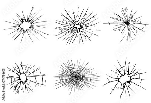 Broken glass  cracks  bullet marks on glass. High resolution. Vector illustration. Texture glass with black hole on white background